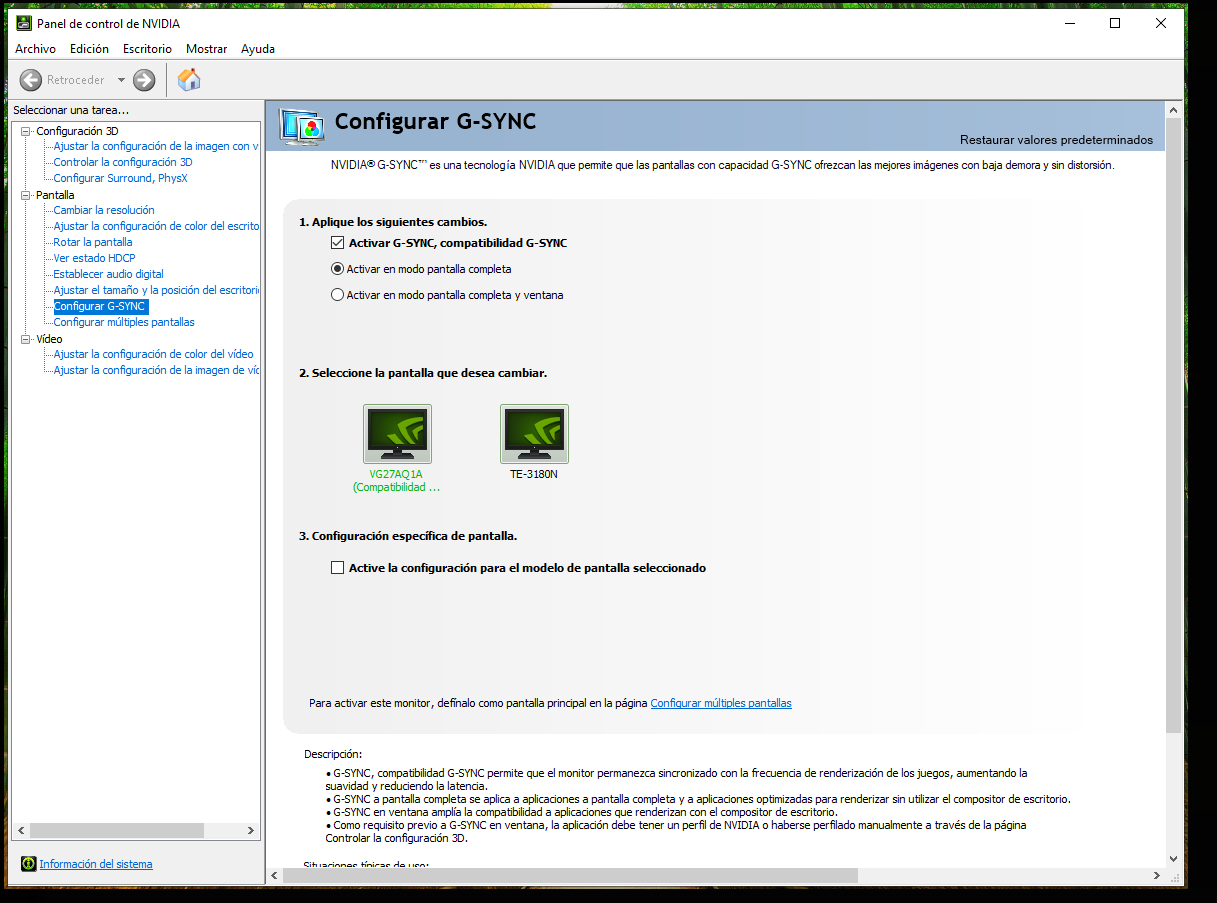 Opciones de G-SYNC en Panel NVIDIA